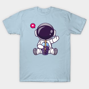 Cute Astronaut Drinking Boba Milk Tea Space Cartoon T-Shirt